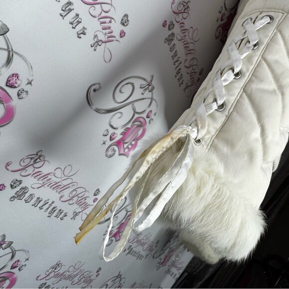 Bebe corset coat jacket snow bunny fur rabbit White Quilted Jacket Fur Trim hood - Picture 16 of 16